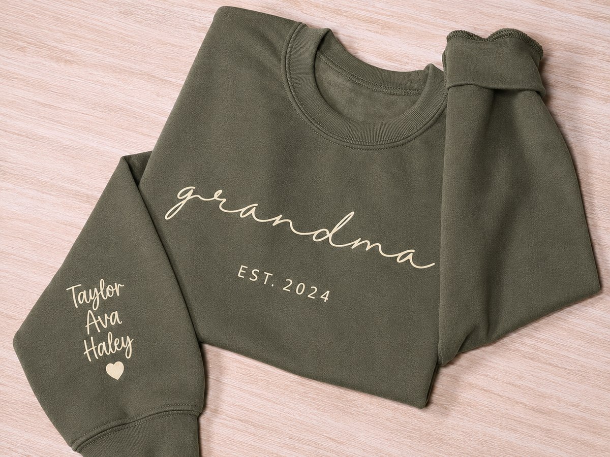 Grandma sweatshirt in olive with grandkids names on the sleeve