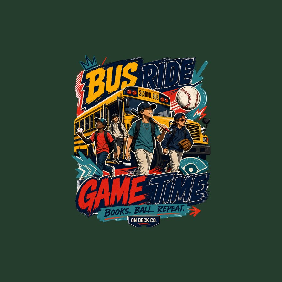 Bus Ride Game Time tee design with a school bus and four young players