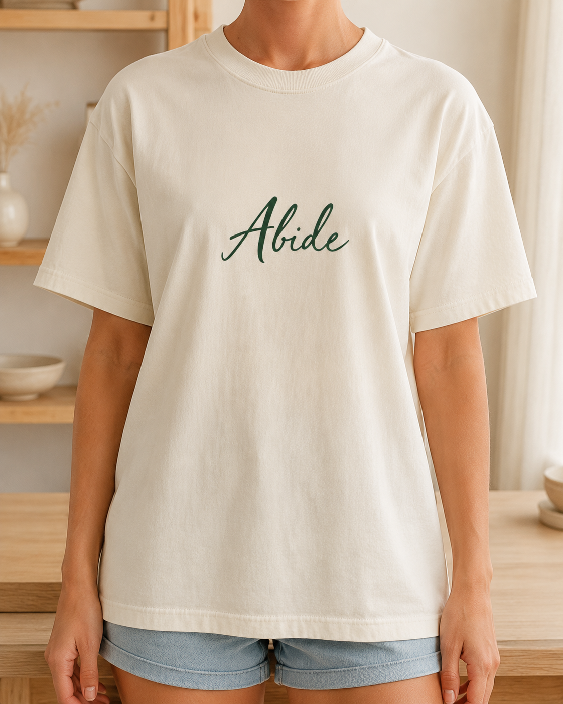 Abide script tee in cream and green