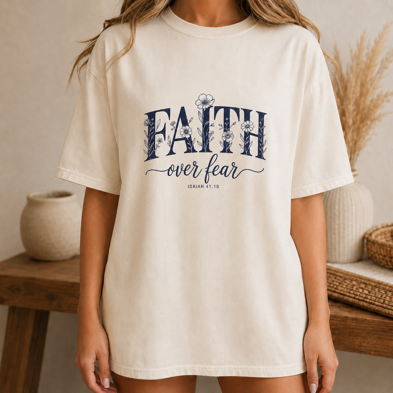 Faith over fear floral tee, Isaiah 41:10