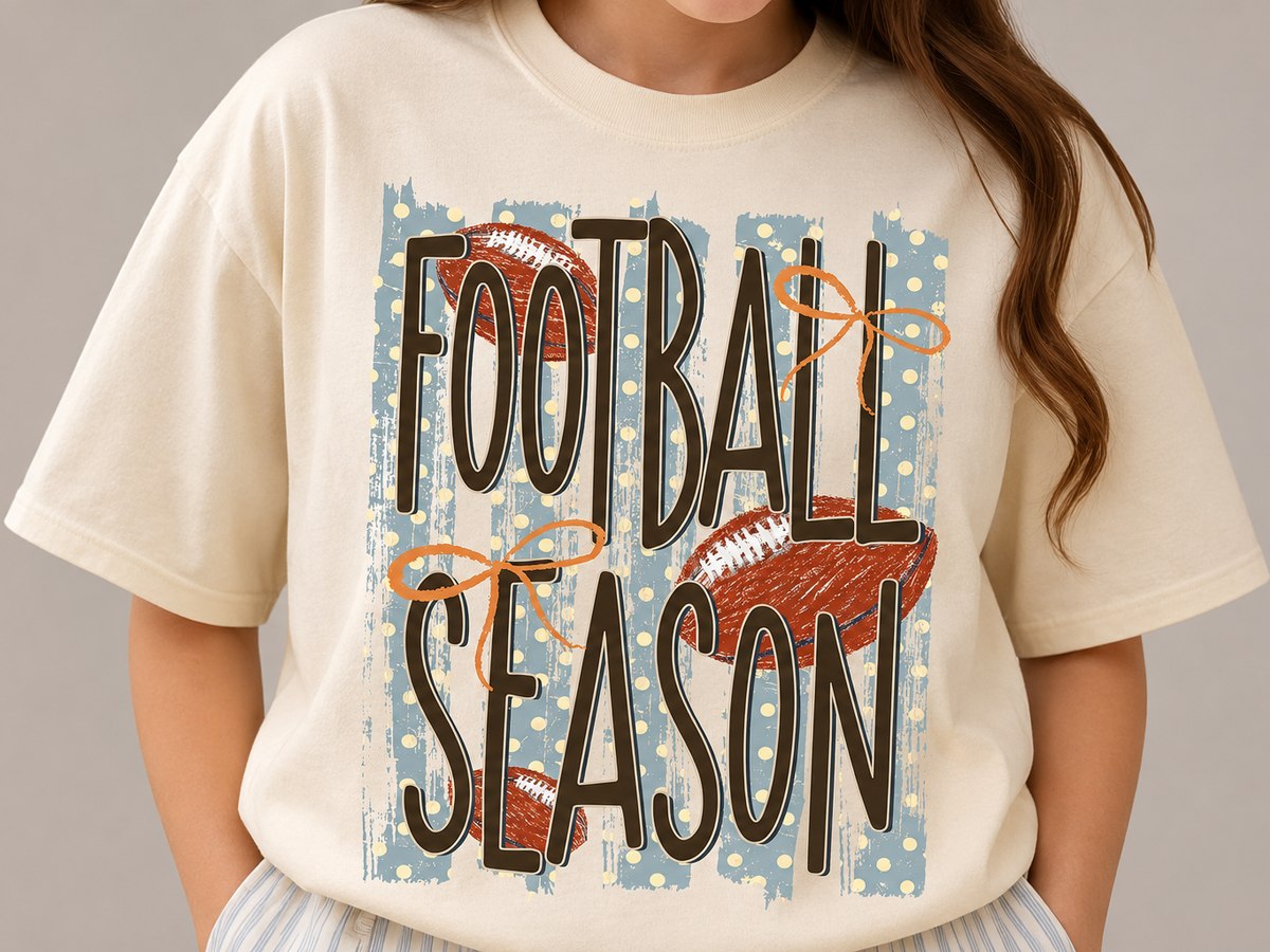 Football Season tee with bows, footballs and textured strokes