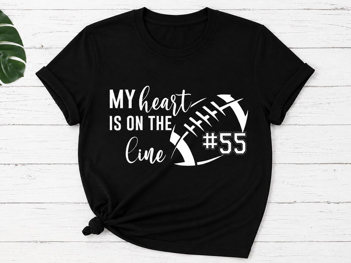 My heart is on the line football tee with a player number