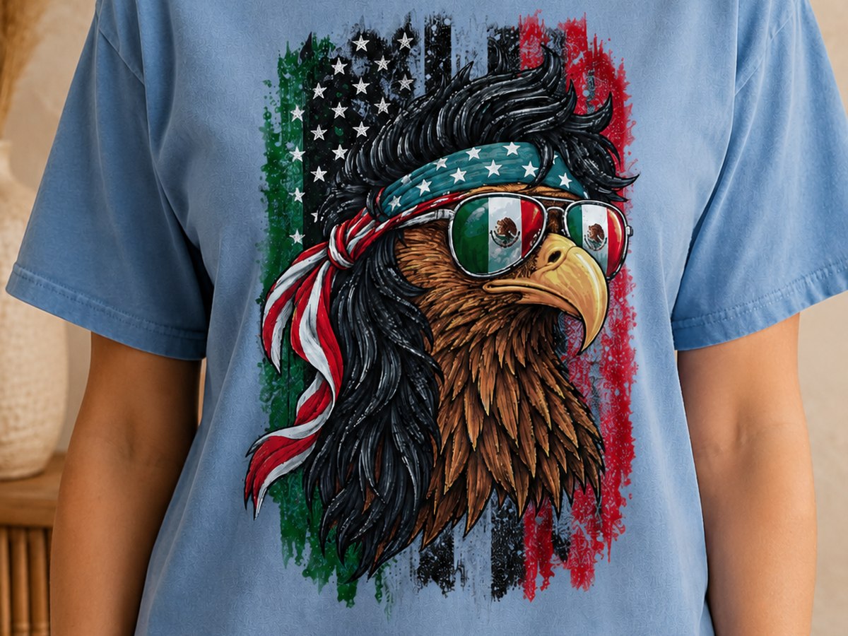 Eagle with US bandana and Mexican flag sunglasses tee