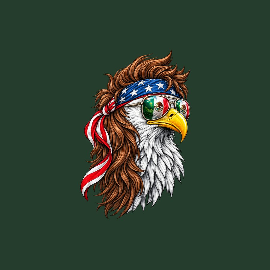 Bald eagle with US bandana and Mexican flag sunglasses