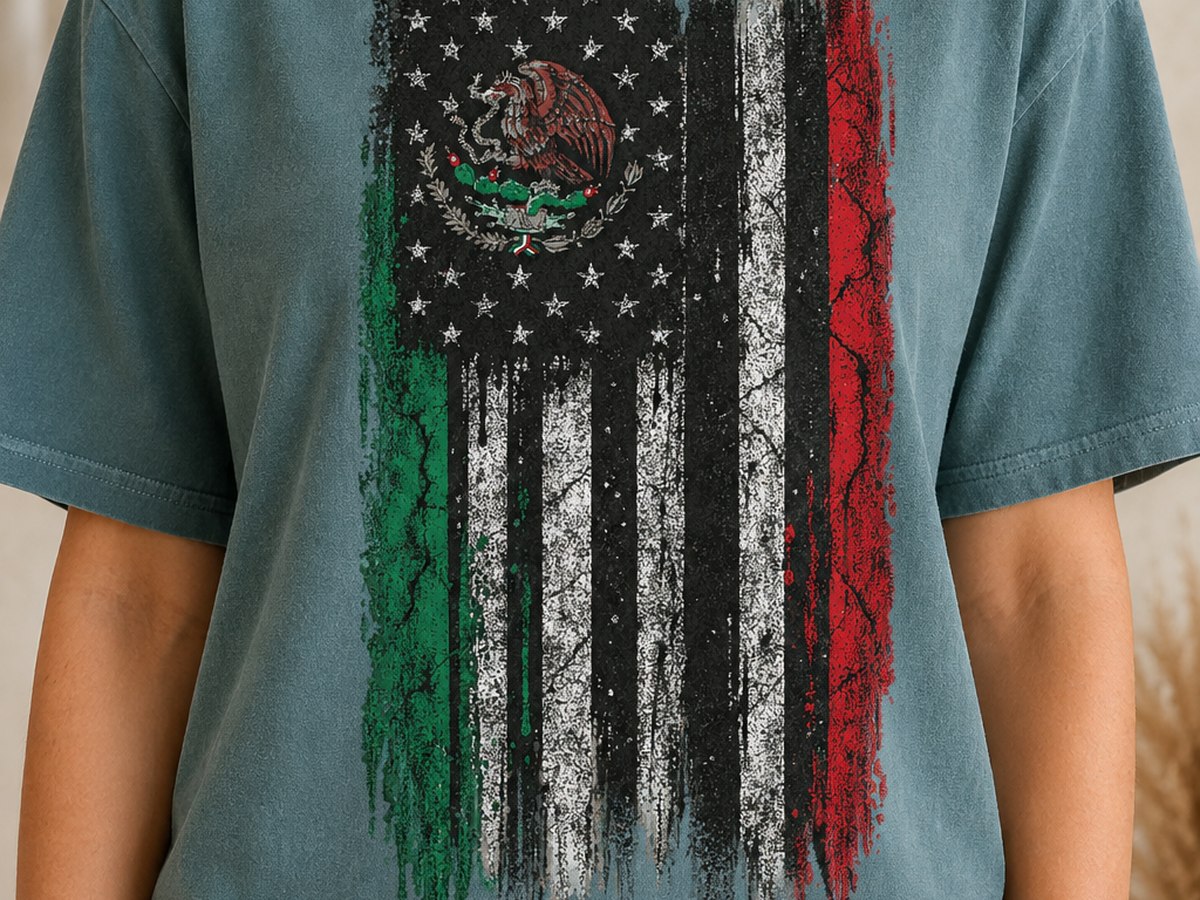 Blended Mexican and American flag tee in worn ink