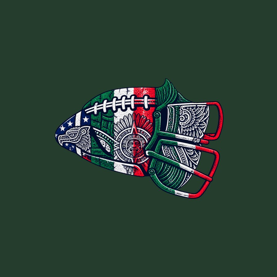 Football helmet split between the Mexican and American flags
