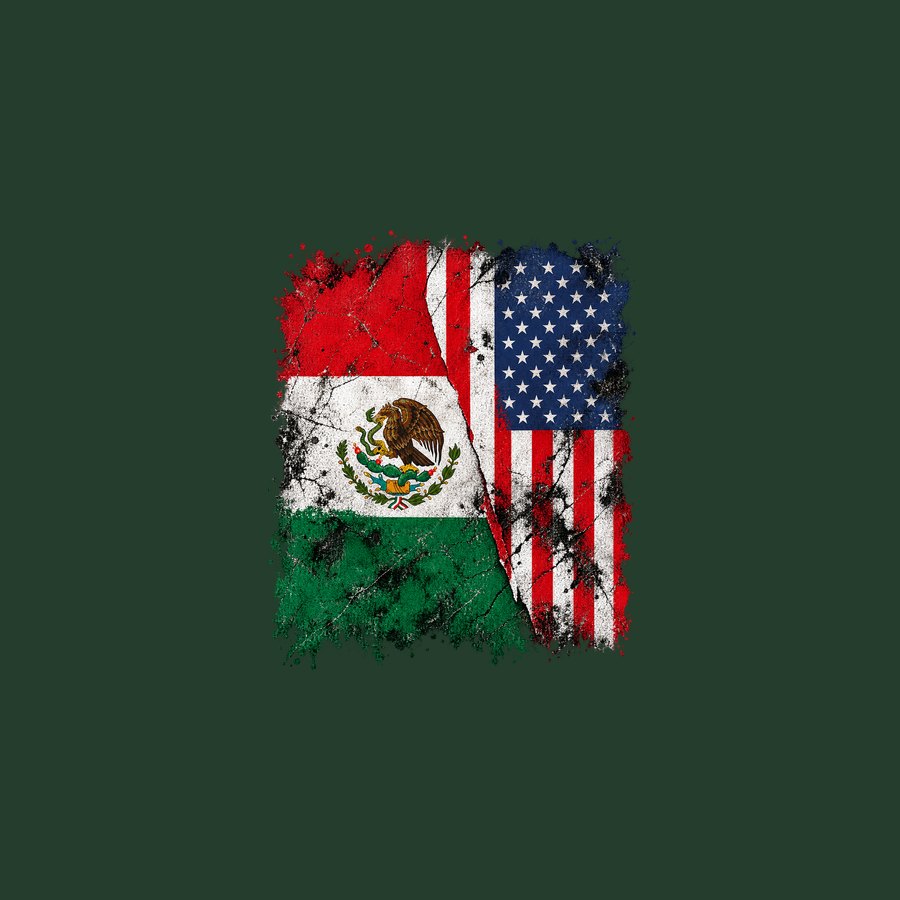 Mexican and American flags side by side in worn ink
