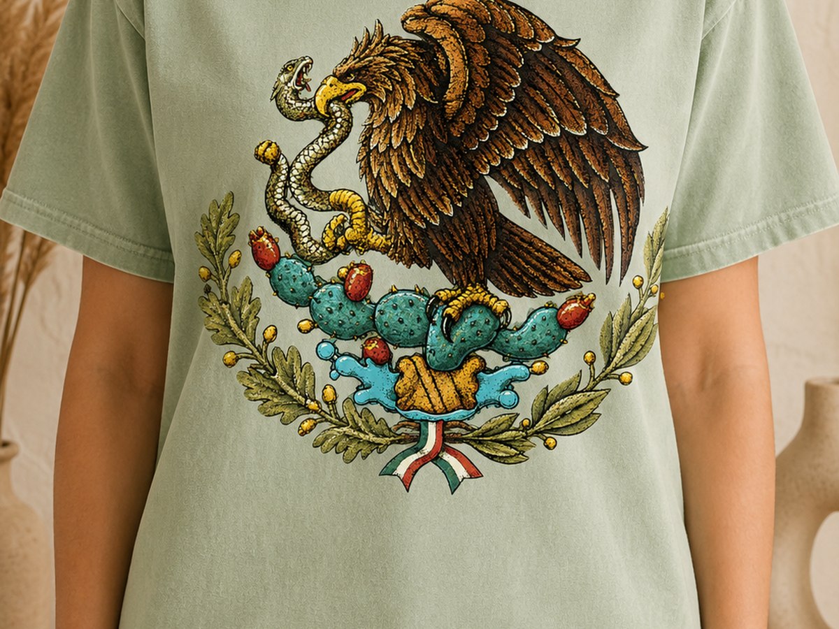 Mexican coat of arms tee, sage green, eagle and nopal