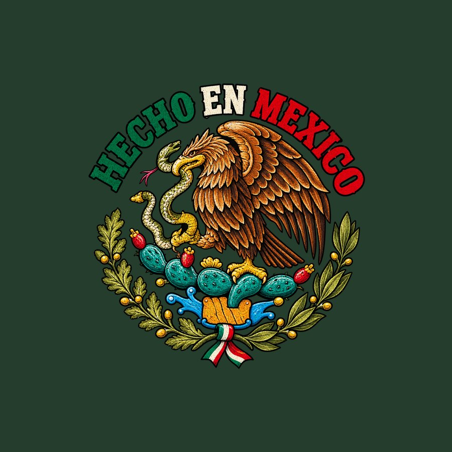 Hecho en Mexico arched lettering over the coat of arms