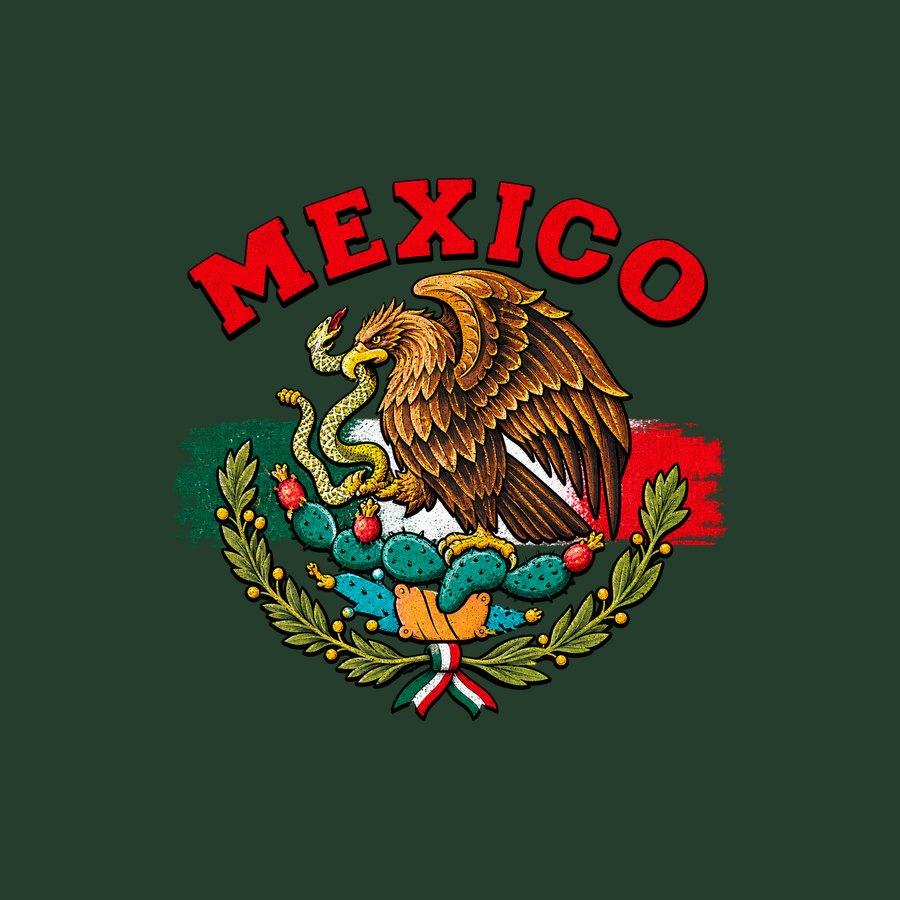 MEXICO in red arched lettering over the coat of arms