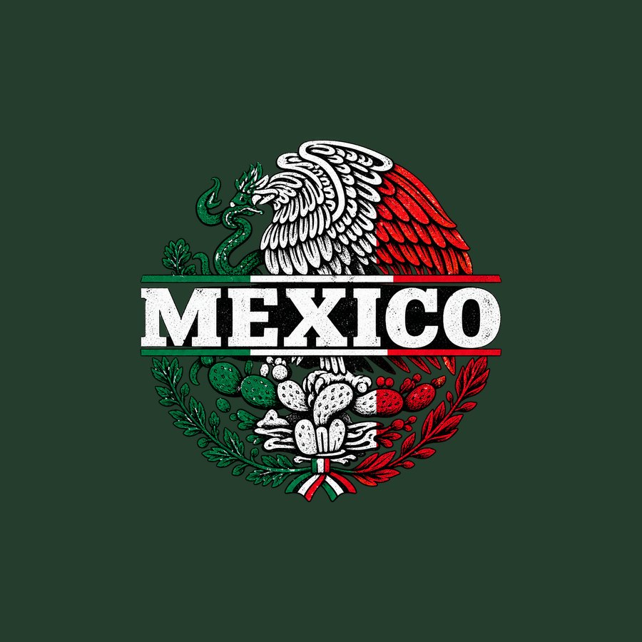 MEXICO block lettering over a two tone crest
