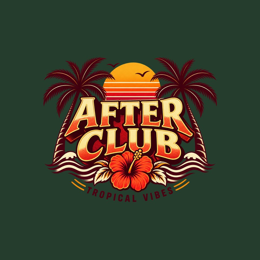 After Club Tropical Vibes tee design with palms and sunset