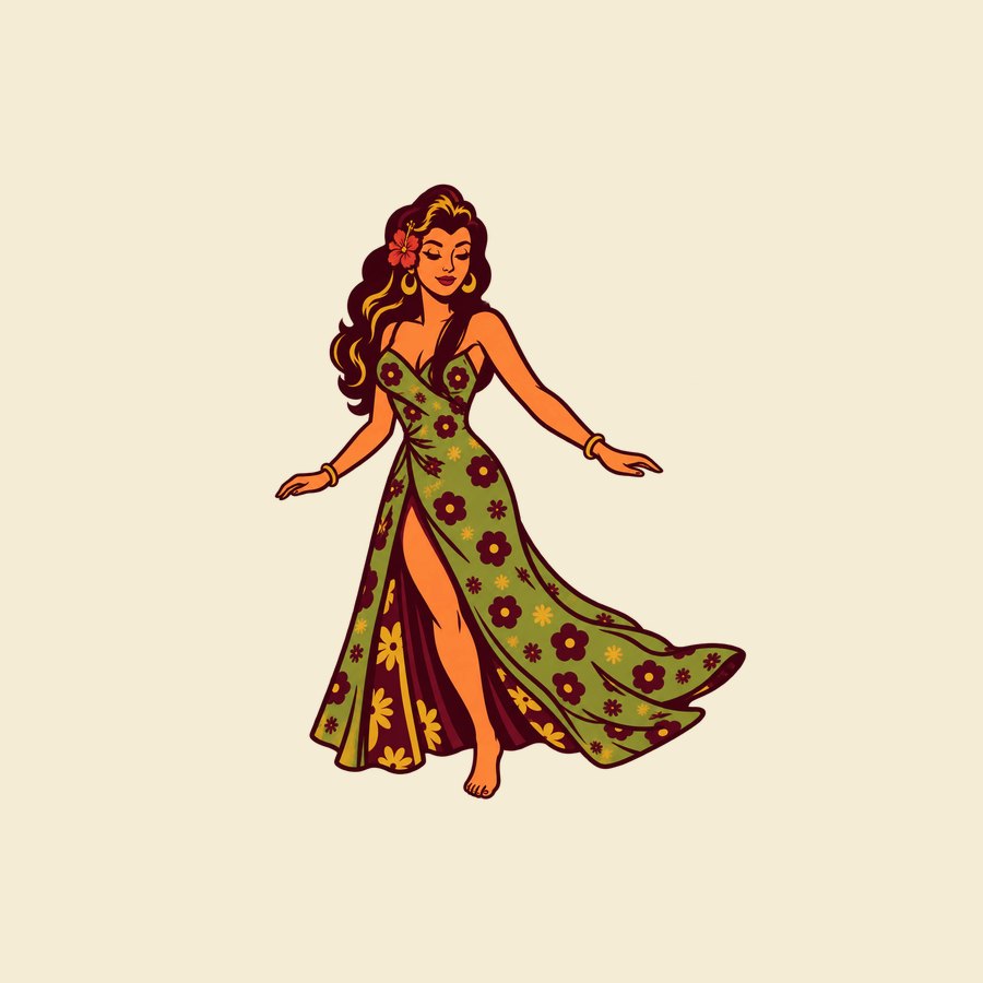 Tropical woman illustration in a green floral dress tee design