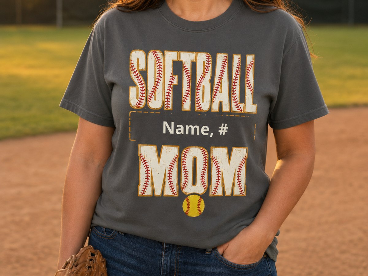 Softball Mom tee design with ball stitching filling the letters