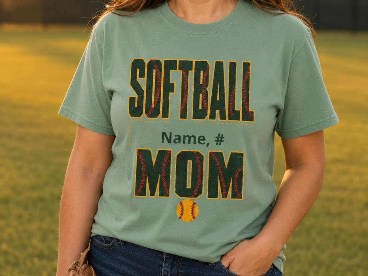 Softball Mom tee with name and number on a sage green shirt