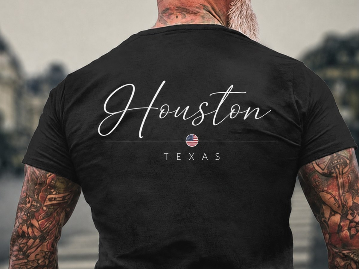 Houston Texas thin script across the back of a black tee