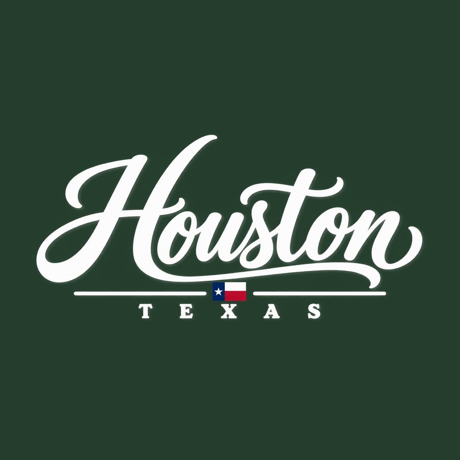 Houston heavy script with the Texas flag