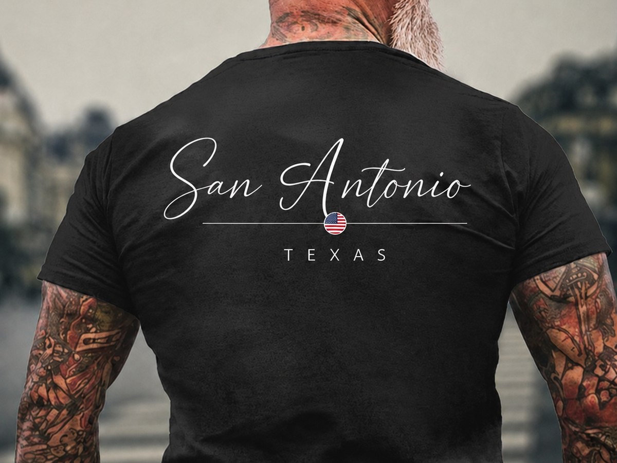 San Antonio Texas thin script across the back of a black tee