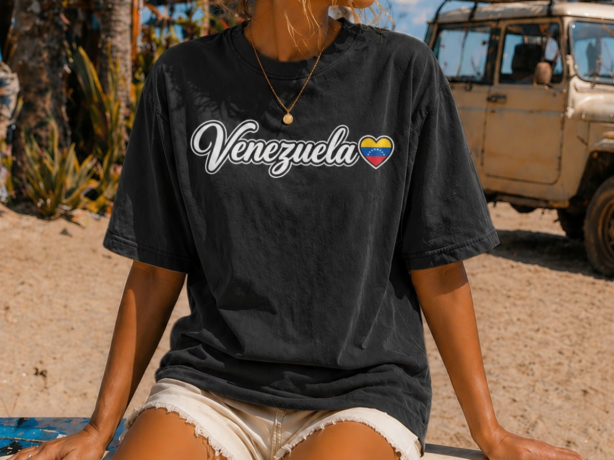 Venezuela script with tricolor heart tee pressed by On Deck Co.