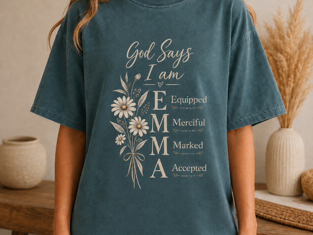 God says I am, acrostic tee with a name and verses