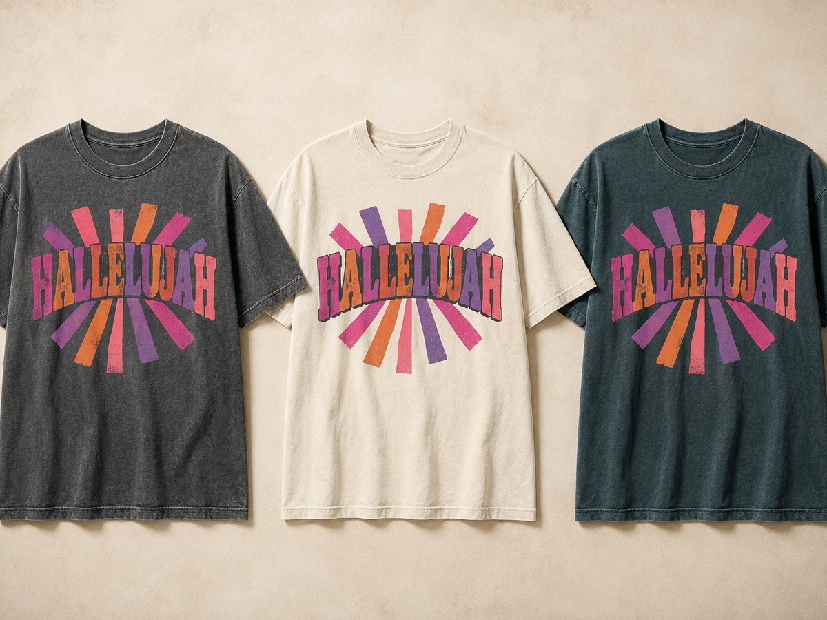 Hallelujah tee with a burst of colored rays, three colorways