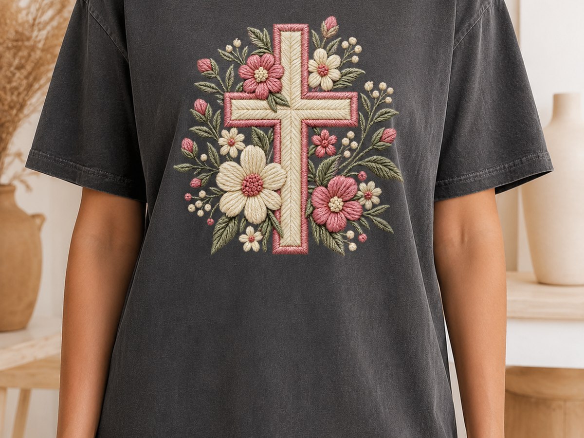 Floral cross tee that looks embroidered