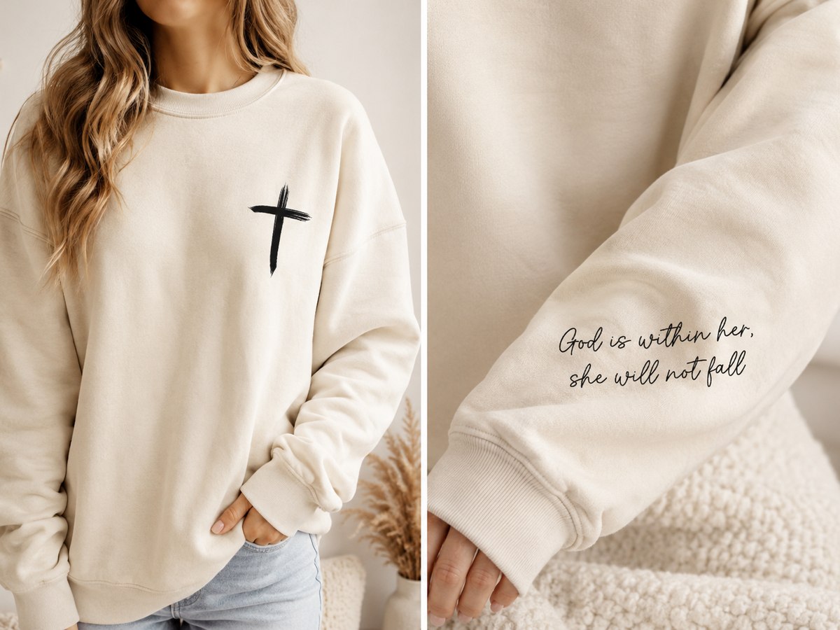 Cream sweatshirt with a small cross and a verse down the sleeve