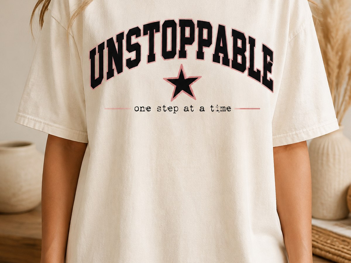 Unstoppable one step at a time tee in collegiate lettering