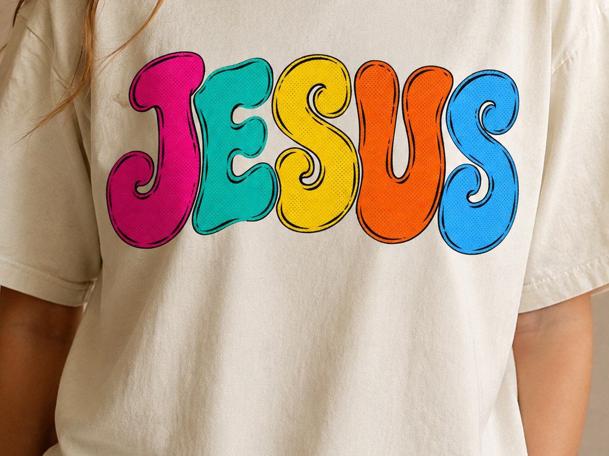 JESUS tee in bubble lettering with bright colors
