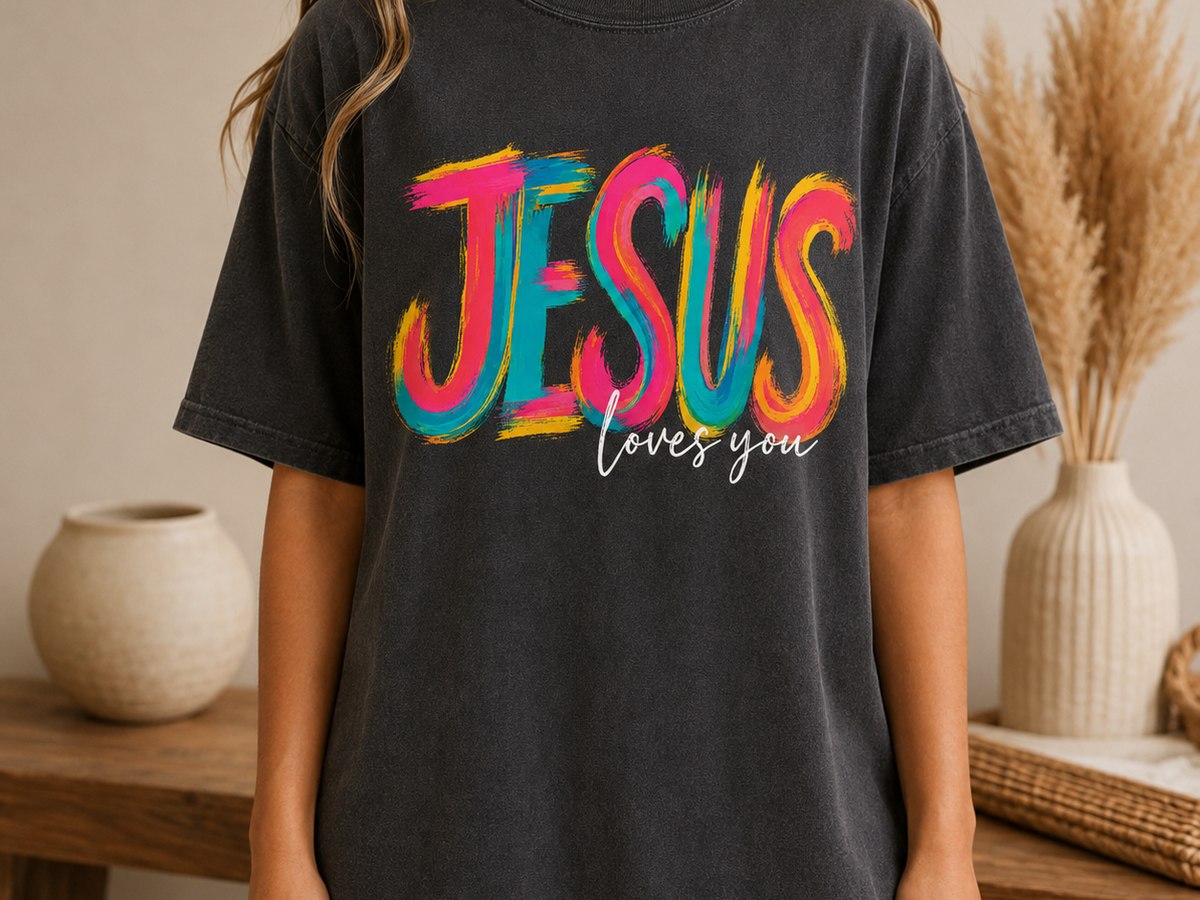 Jesus loves you brush lettering tee in bright colors