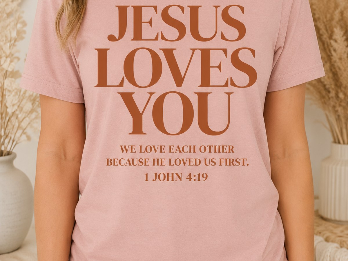 Jesus loves you tee in terracotta on pink with 1 John 4:19