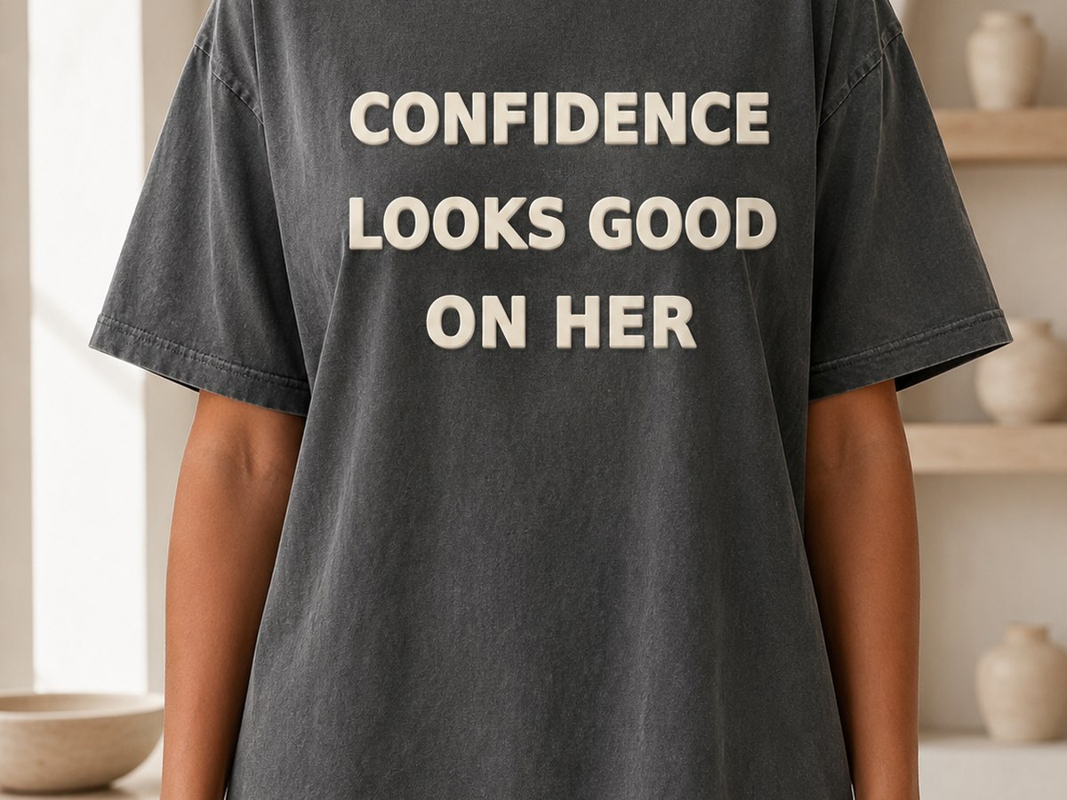 Confidence looks good on her tee in cream block letters