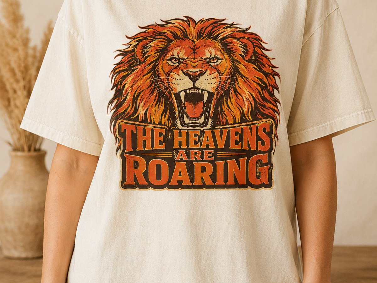 Lion illustration with the heavens are roaring lettering