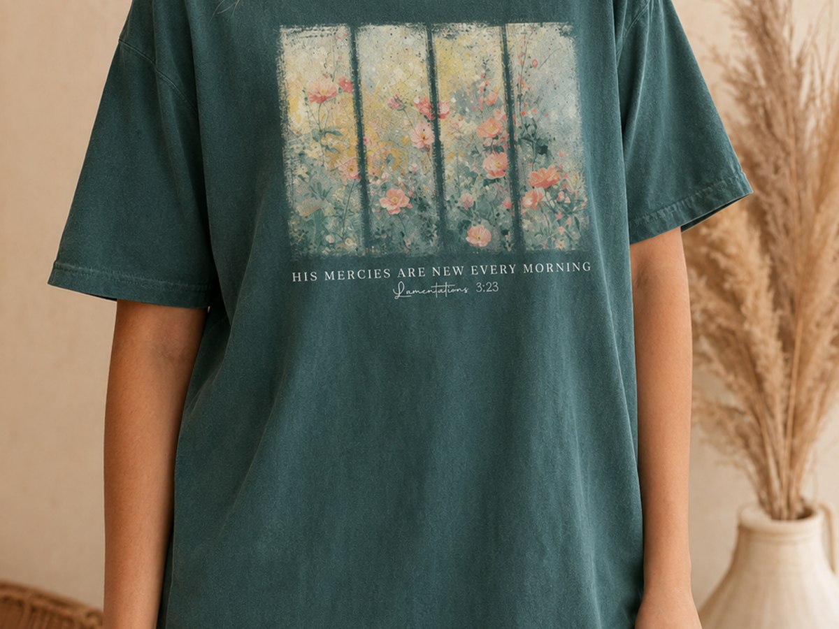 His mercies are new every morning tee with a painted panel