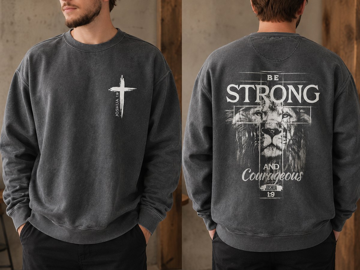 Be strong and courageous sweatshirt with a lion and cross on the back