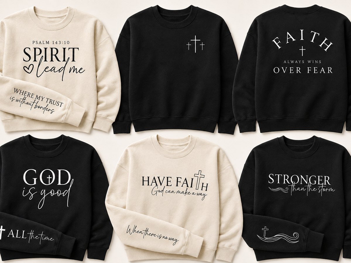 Six sweatshirts each with a short faith phrase