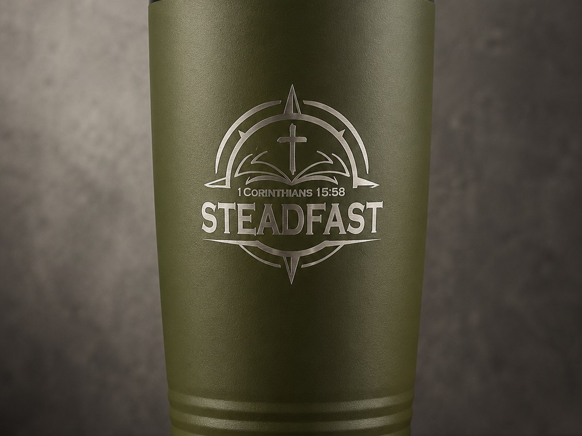 Steadfast tumbler engraved with 1 Corinthians 15:58