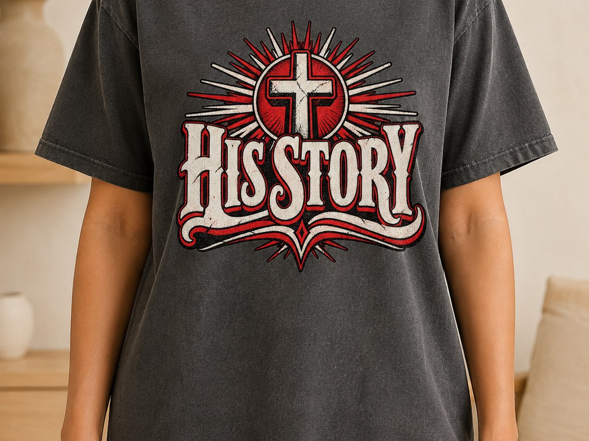 His Story tee with a cross, rays and an open book