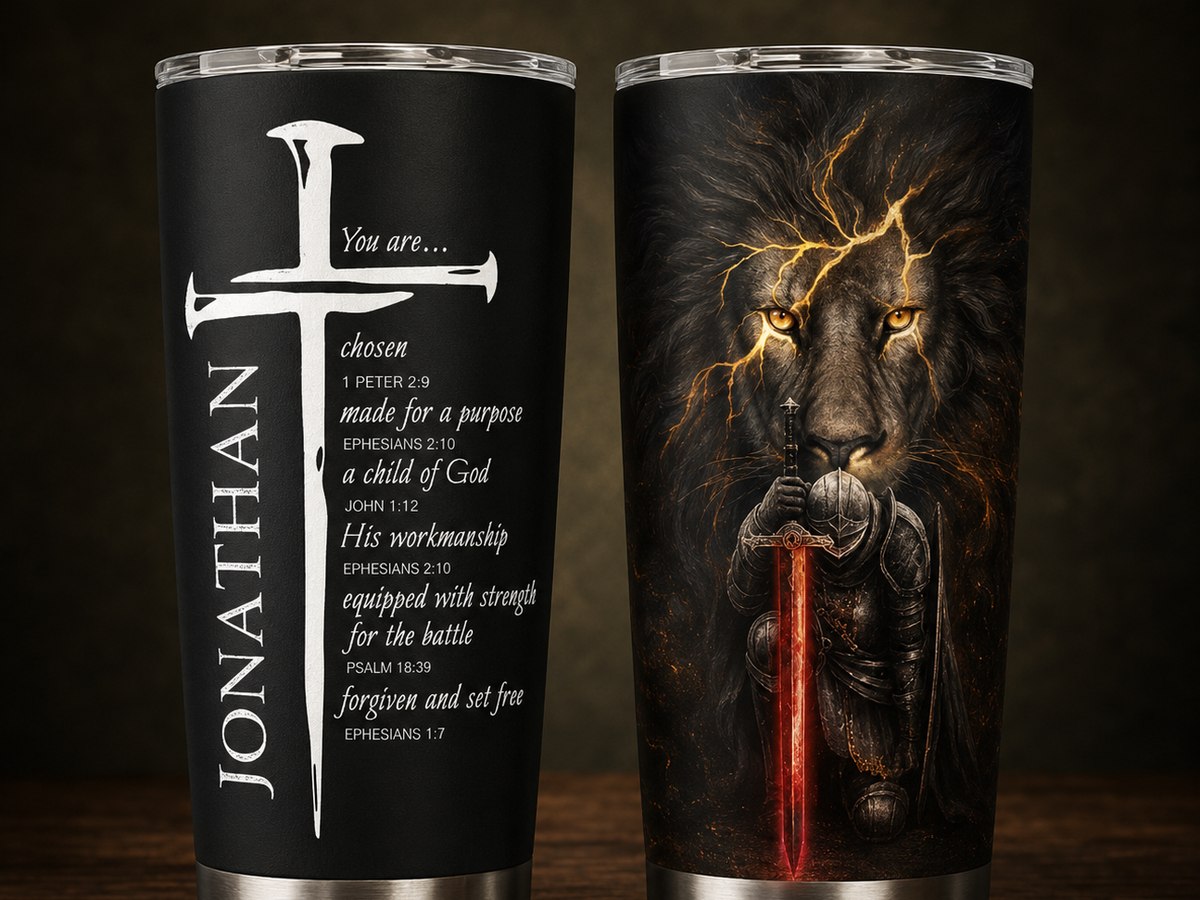 Tumbler with a name and who you are in Christ, lion and sword