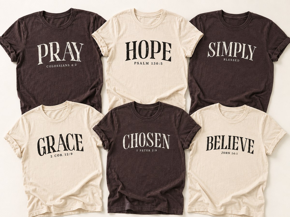 Six tees each with one word and its Bible reference