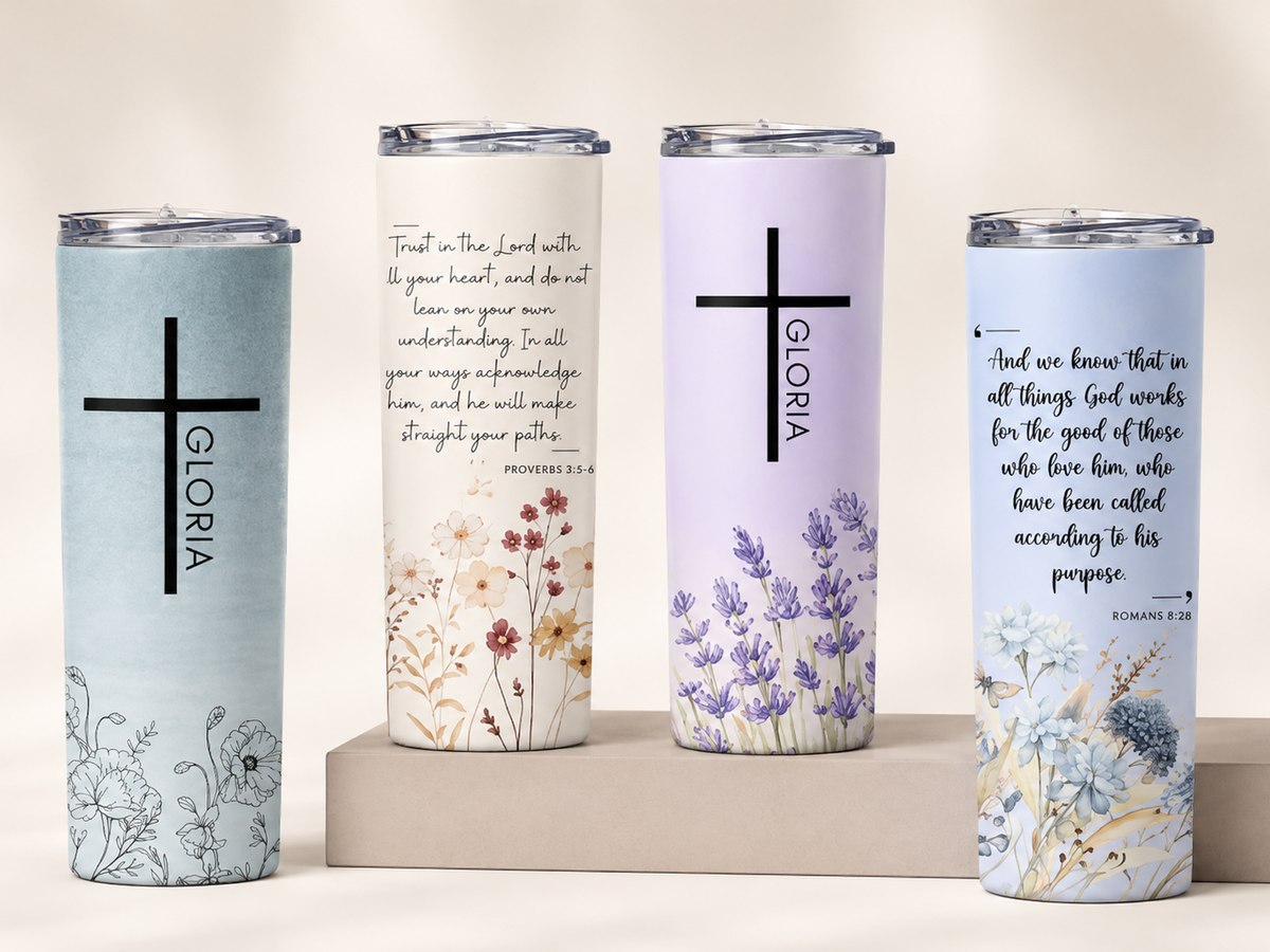 Floral tumblers with a name and a verse