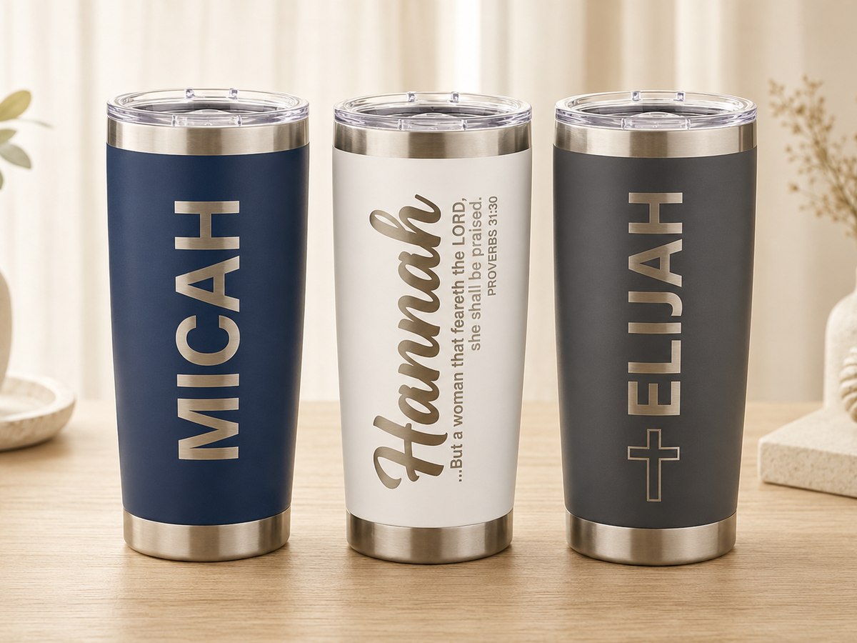 Three tumblers engraved with names and Proverbs 31:30