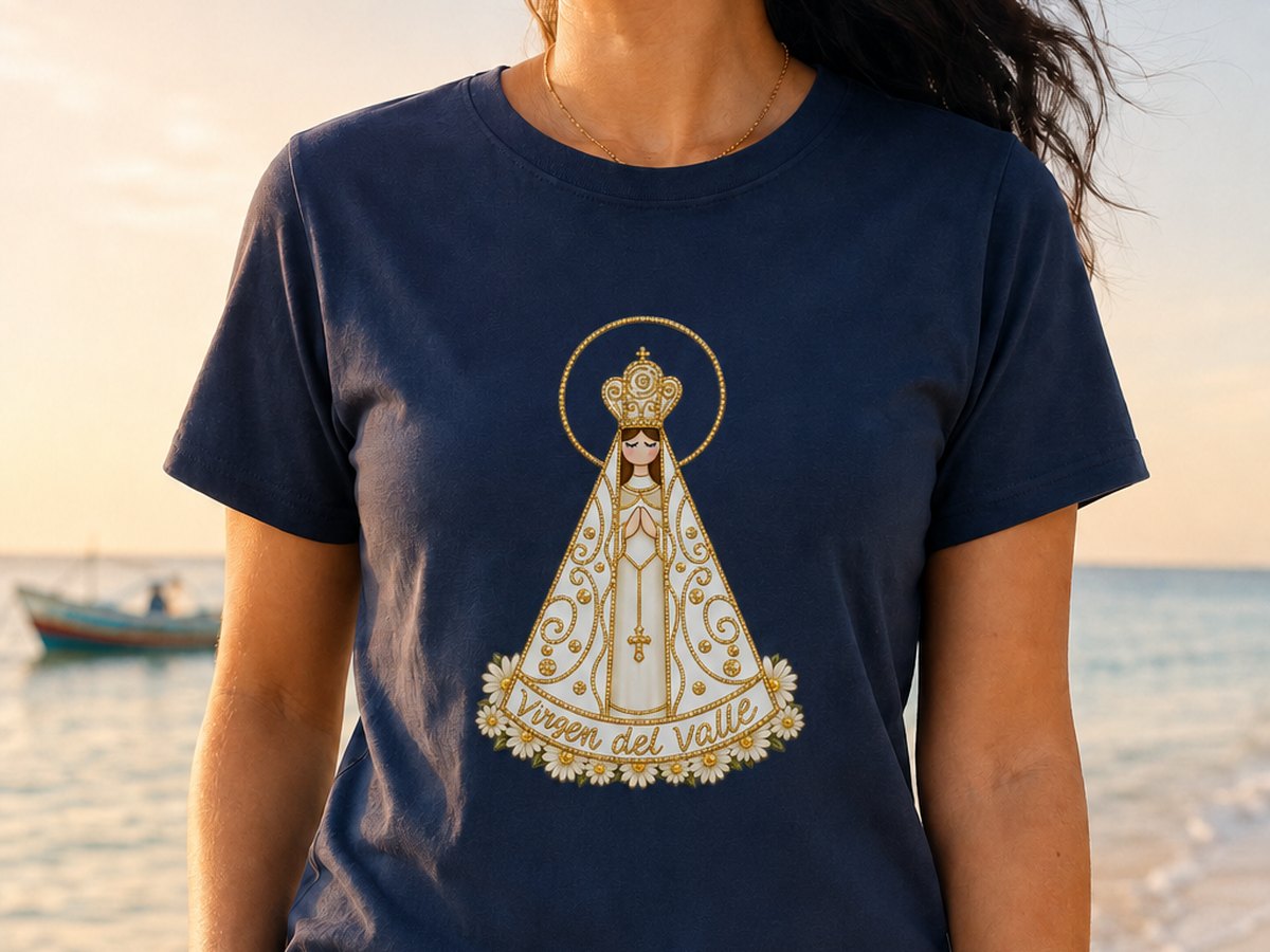 Virgen del Valle in white and gold with every line drawn as a chain of pearls