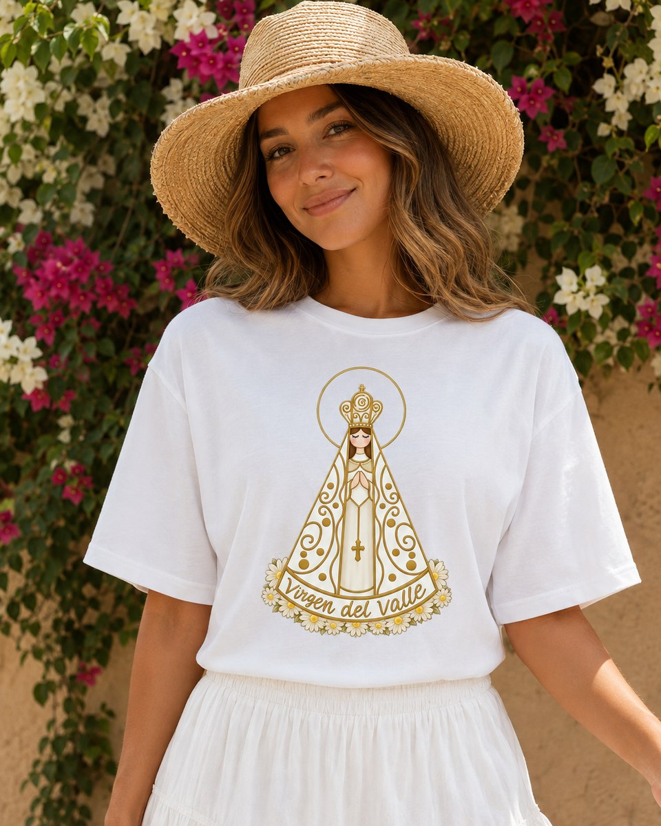 Virgen del Valle in white and gold with a halo and daisies