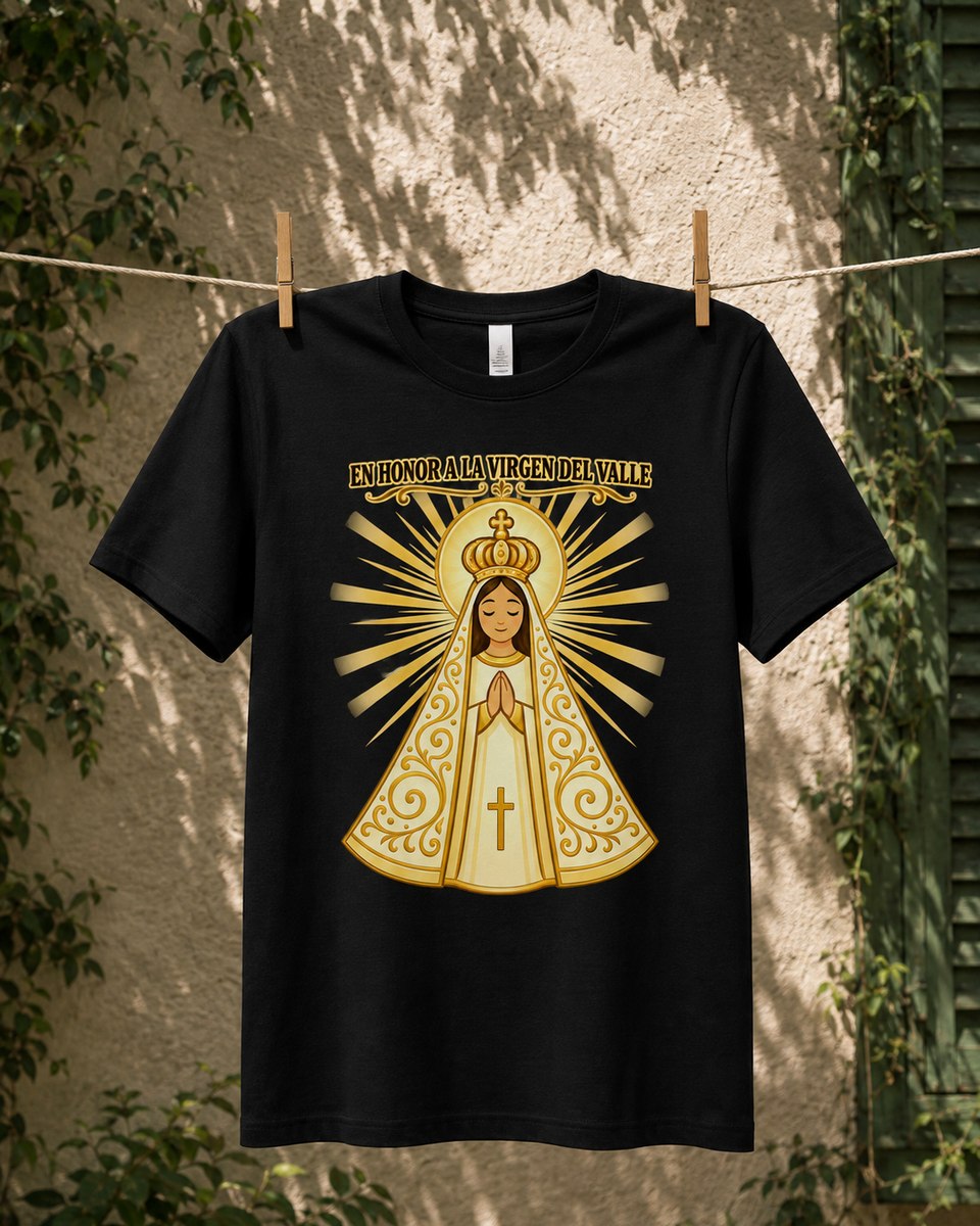 Virgen del Valle in gold with rays and a banner