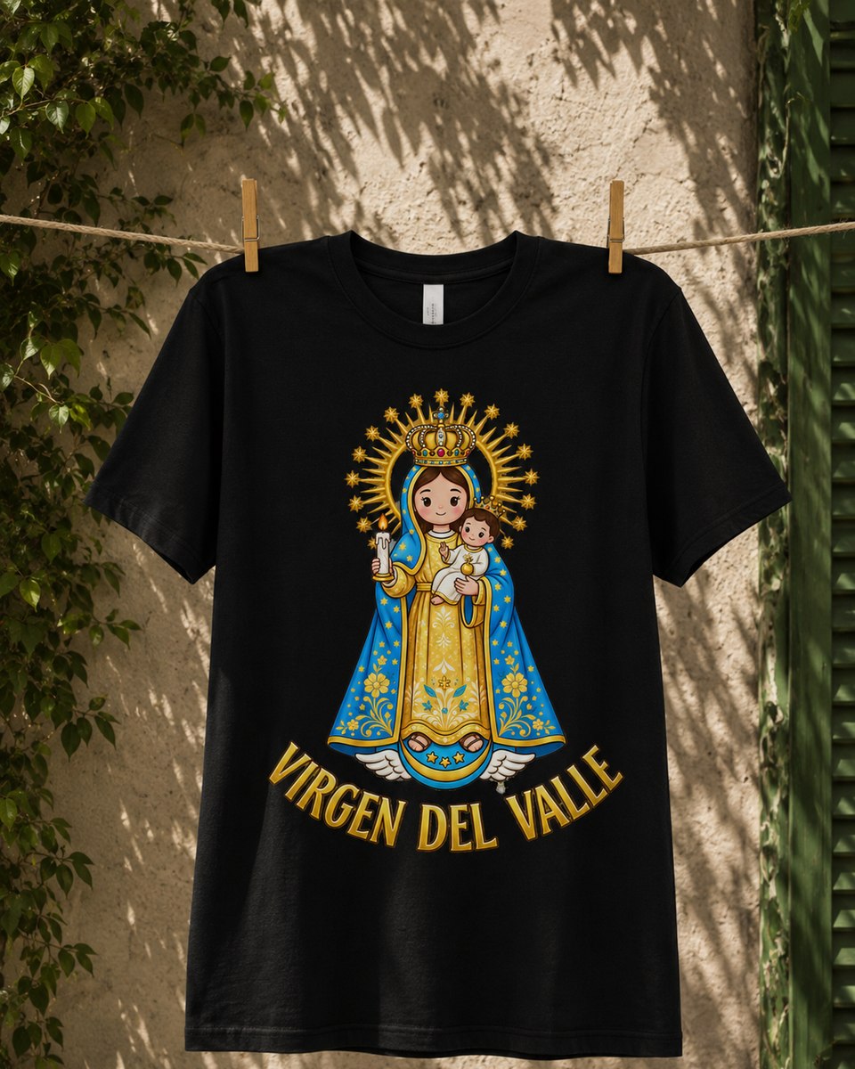 Virgen del Valle holding the child, gold arched lettering