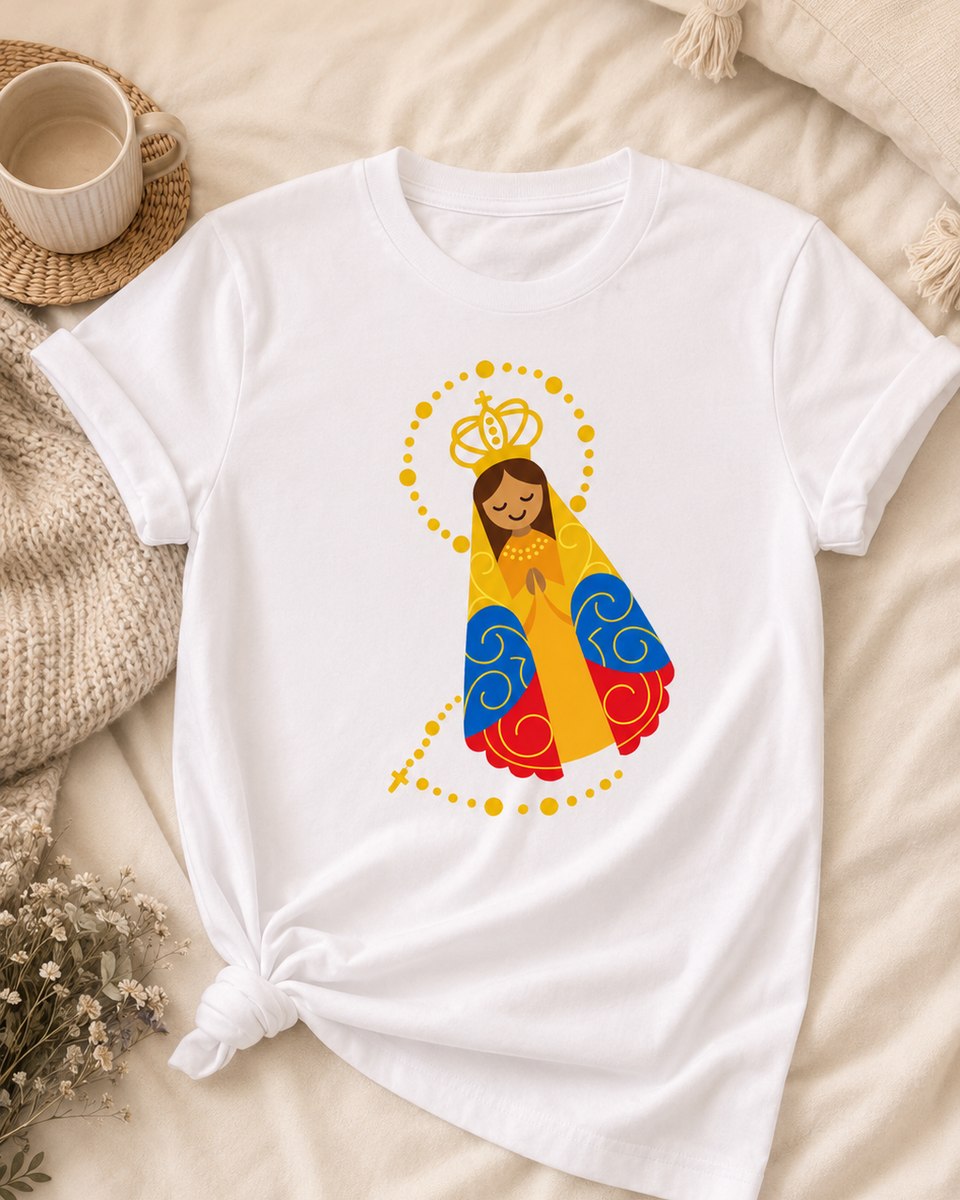 Flat modern Virgen del Valle with a rosary circling her