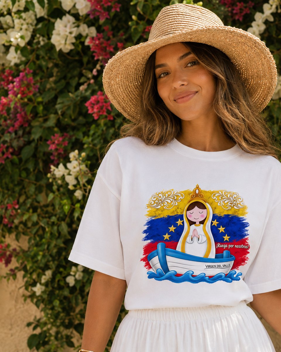 Virgen del Valle on a boat with the Venezuelan flag painted behind