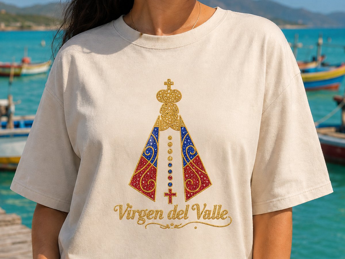Virgen del Valle silhouette in flag colors with a jeweled gold crown and script lettering