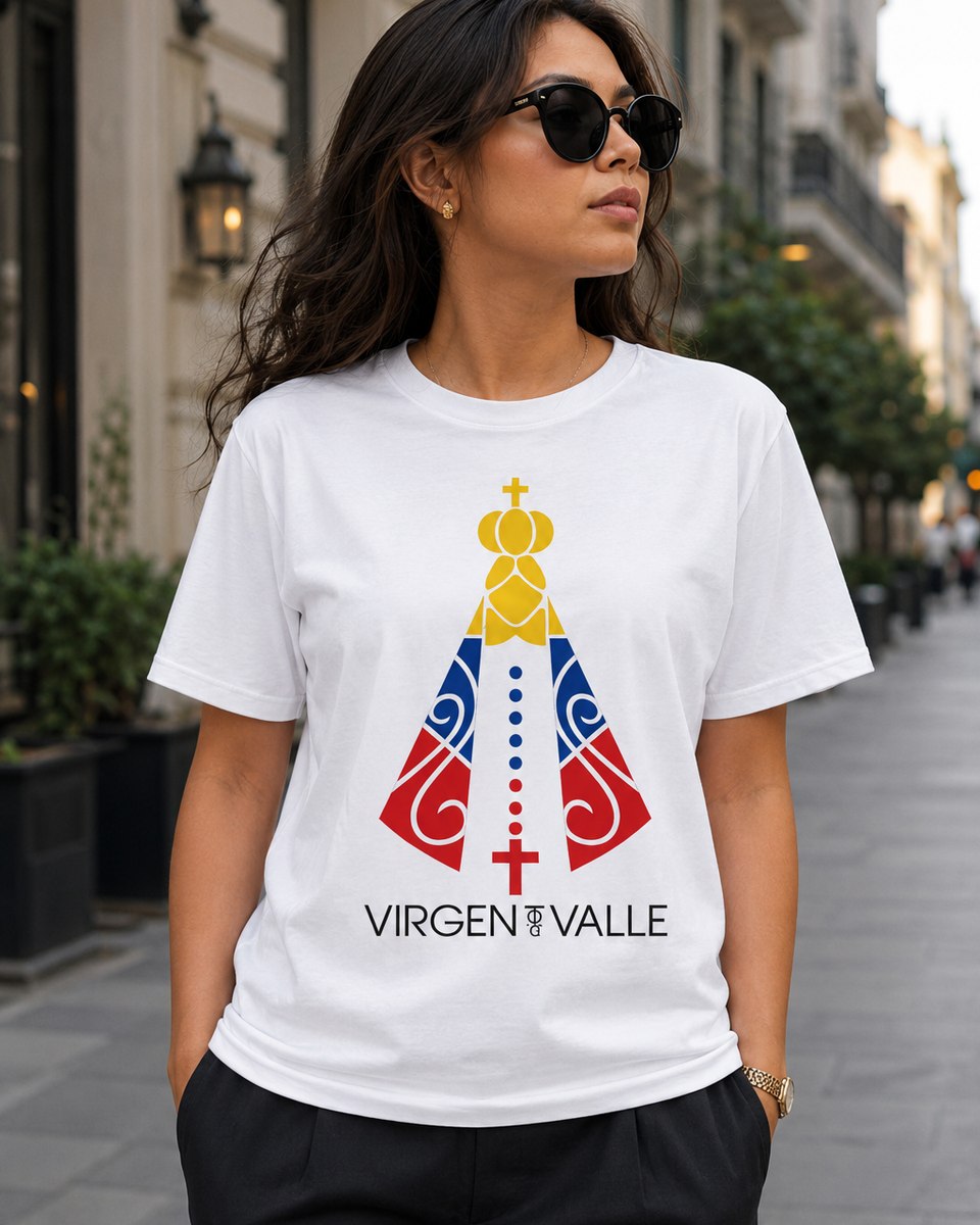 Geometric Virgen del Valle silhouette in flag colors